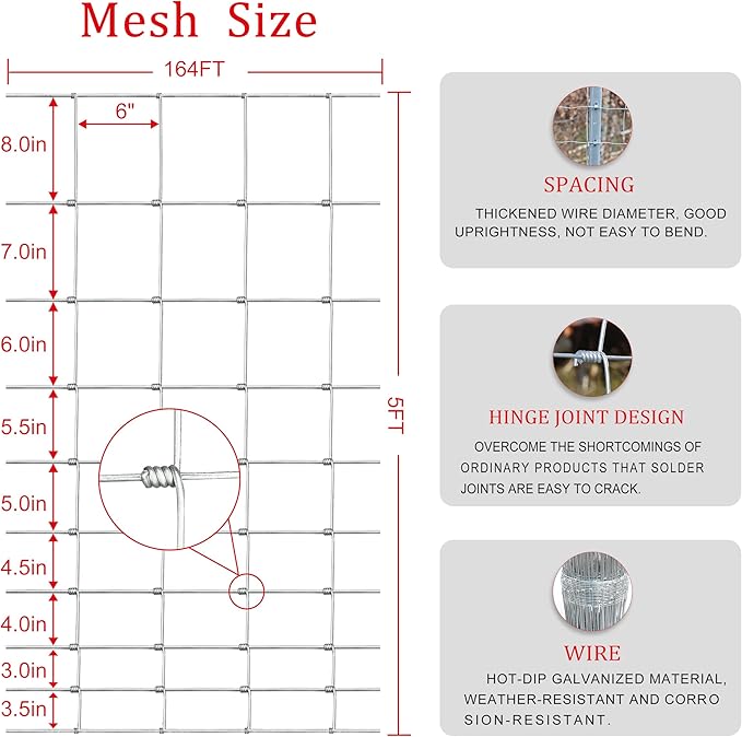 Livestock Fence, 5ft x 164ft Galvanized Cattle Fence, Deer Fence,Heavy Zinc Coating Wire Fencing,Farm Fence for Hog Goat Horse