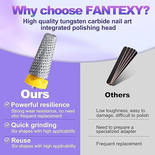 Fantexy 3/32" Carbide Nail Drill Bit - Remove Acrylic Hard Gels Quickly and Safely, 5-in-1 Tungsten Carbide Nail Drill Bit for Nail Art,Manicure,Pedicure,Gel,Cuticle Clean (Extra Fine - XF)