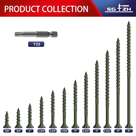 #10 x 3-1/2" Deck Screws (460Pcs) 8lb. Carbon Steel, Green, Flat Head, Rust Resistant epoxy Coated, with T25 Star Bit