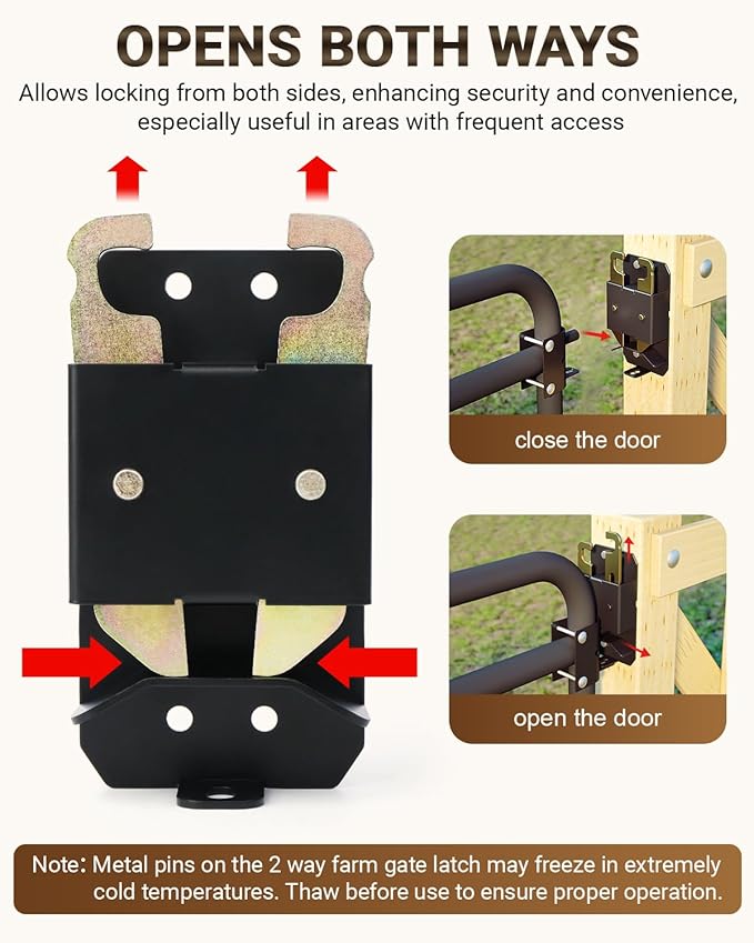 2 Way Farm Gate Latch, Heavy-Duty Fence Gate Latch with Self-Locking Nut, Black Livestock Gate Latch Compatible with Horse Corrals, Farms, Pastures, Stables, Ranches