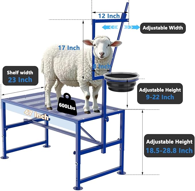 600 LBs Goat Stand with Feed Bin, Goat Milking Stand for Sheep Trimming and Milking, Hoof Trimming Stand Adjustable Size, with Feeder, Iron Blue