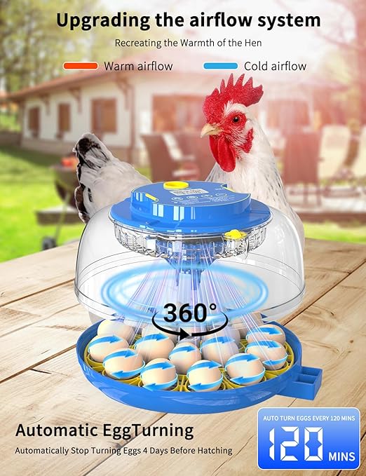 18-Egg 360° Panoramic Egg Incubator with Automatic Egg Turning and Humidity Control- Perfect for Hatching Chickens, Ducks, Quail & Other Birds (Blue)