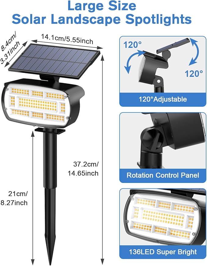 Fabrito Solar Spot Lights Outdoor 136 LEDs, Big Brighter Lighting Solar Lights Outdoor, 4 Pack IP65 Waterproof Landscape Spotlights Auto On/Off for Yard, Garden, Pathway, Plants,Tree (Warm White)