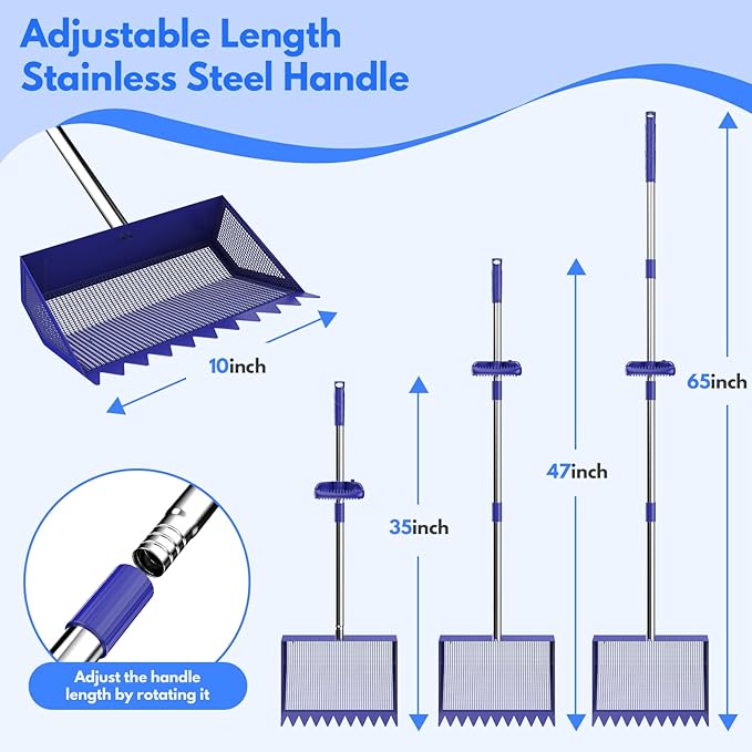 Chicken Poop Scooper & Rake 2-in-1,304 Stainless Steel Shovel Head, Chicken Litter Scoop with Handle for Chicken Coop & Pet Waste Cleaning, Litter Sifting Shovel (35 to 65") (Blue, 10inch)
