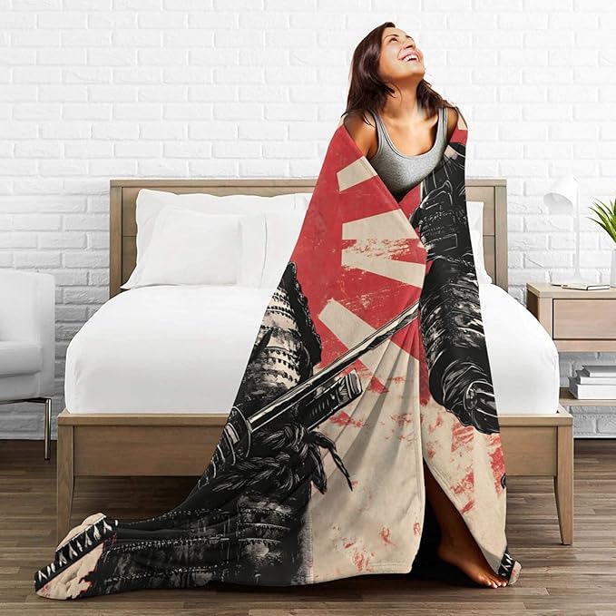 Japanese Samurai Throw Blanket Asian Warrior Flannel Blankets Japan Bushido Fuzzy Plush Super Soft Cozy Warm Decor Gifts for Boys Girls Kids Adults Men Women 60" x 80"