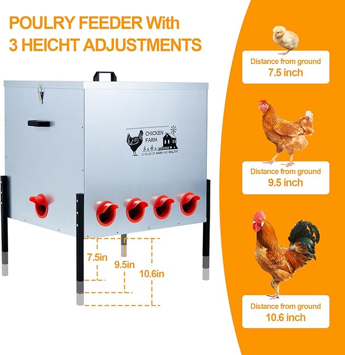 Automatic Chicken Feeder Box 100 lbs, 10 Feeding Ports, No Waste Poultry Feeder with Locking Lid and Adjustable Legs for Chickens, Ducks, Geese Galvanized Metal (100 Lbs-10 Ports)
