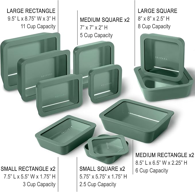 Ceramic Coated Glass Food Storage Containers | No PTFE, PFOA, PFAS, and BPA | Reusable Non Toxic Meal Prep Containers with Glass Lids | Easy To Store | 10 Piece Set [Pine]