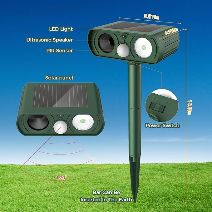 Upgraded Solar Ultrasonic Animal Repellent Outdoor, Deer Repellent Devices Squirrel Cat Raccoon Rabbit Dog Deterrent, Keep Rodent Chipmunk Away Motion Detection with Flash Light for Yard Garden Lawn