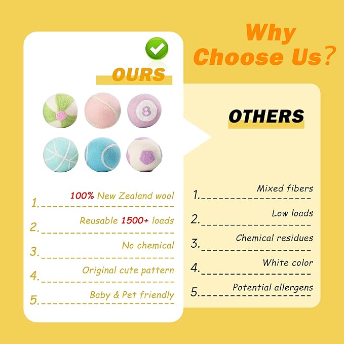 Wool Dryer Balls XL Size 6 Pack - Cute Dryer Balls with Ball Patterns Natural New Zealand Wool Balls Fun Dryer Balls Laundry Reusable Anti Static (Ball Patterns with Creative Color)