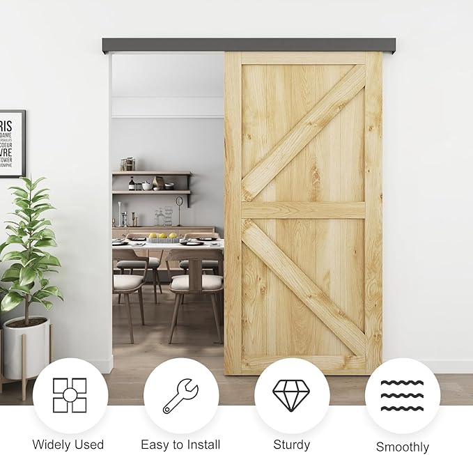 JUBEST 8FT Barn Door Sliding Hardware Track Kit, Aluminium Alloy Box Rail Hardware for Classic Modern Interior Single Wooden Door,Low Clearance,Black