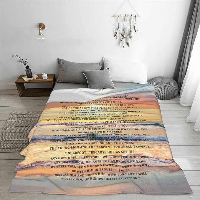 Psalm 91 Blanket Christian Gifts Religious Bible Verse Scripture Throw Blanket Comfy Plush Flannel Fleece Warm Soft Fluffy Fuzzy Blanket for Prayer Women Teens for Bed Sofa Couch 60"X80"