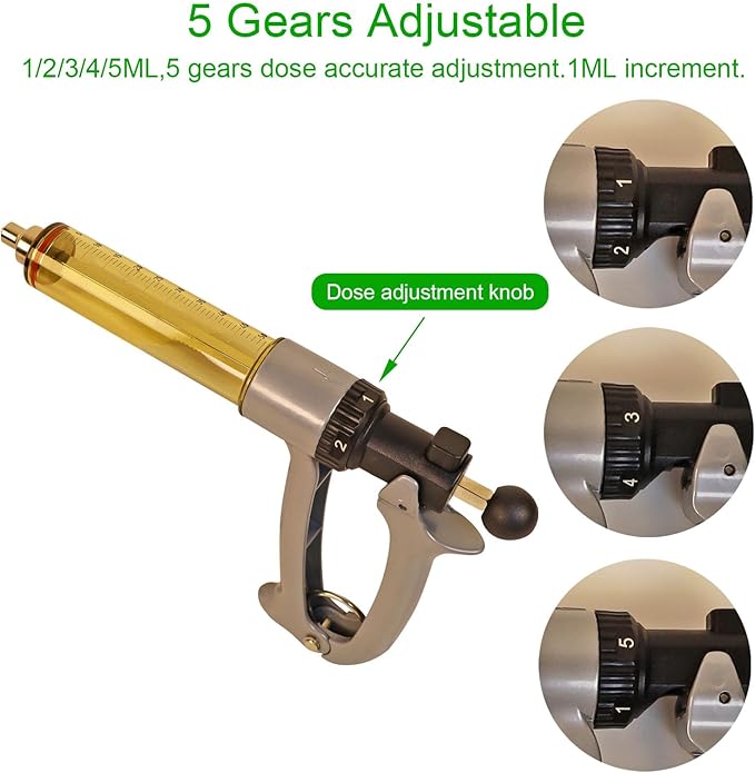 50ML Semi Automatic Livestock Syringe, 5 Gears Adjustable Continuous Repeating Luer Lock Syringe for Farm Ranch Cattle Cow Horse Goat Sheep Hog