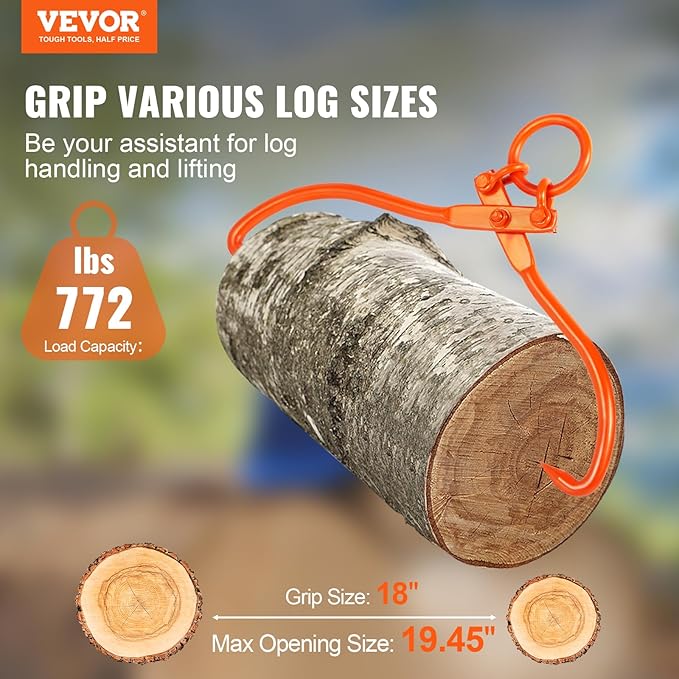 VEVOR Log Skidding Tongs, 18 inch 2 Claw Log Lifting Tongs, Heavy Duty Steel Lumber Skidding Tongs, 772 lbs/350 kg Loading Capacity, Log Lifting, Handling, Dragging & Carrying Tool