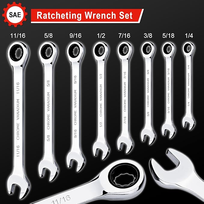 Egofine 8-Piece Ratcheting Wrench Set, Cr-V Steel SAE Wrench Set from 1/4" to 11/16", 72 Teeth Ratchet Wrench, 12 Point Open End & Box End Combination wrench set with Roll Up Pouch