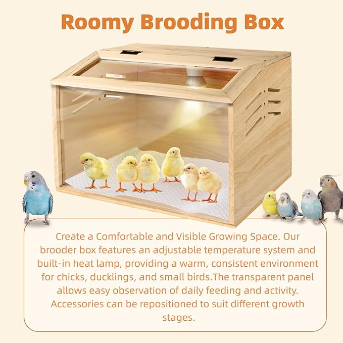 15.74 x 11.81 x 11.81” Chick Brooder Box with Heating Lamp, Poultry Brooder with Heaters, Wooden Brooder Box for Baby Chicks, Ducks, Quail and Birds