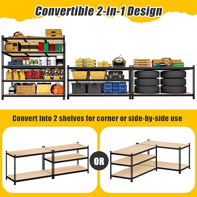 48" W x 24" D x 72" H Garage Shelving Heavy Duty: 5 Tier Metal Storage Shelves - Adjustable Shelving Unit, Utility Rack Shelf for Pantry, Warehouse, Office, Kitchen, Black, 4PCS