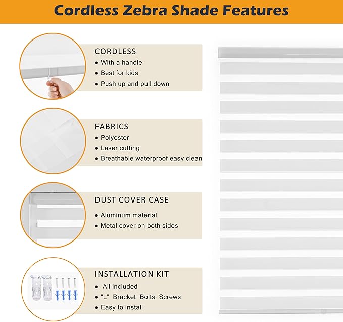 Cordless Zebra Blinds for Indoor Windows Free-Stop Zebra Shades Dual Layer Light Filtering Sheer Shades Roller Window Blinds for Home (63" W X 72" H, White)