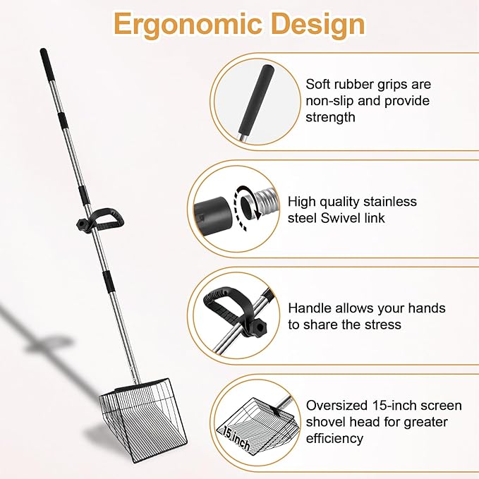 15" Chicken Poop Scooper & Rake, Metal Chicken Coop Scoop for Poop with 24 to 68" Adjustable Stainless Steel Handle, Litter Scooper Sifting Shovel Chicken Coop Accessories