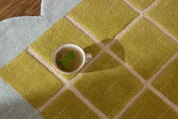 Checkered Wool Area Rug with Scalloped Border, Chartreuse Green & Cream Grid, Hand-Tufted, Soft Cut Pile, Modern Cottagecore Living Room, Bedroom & Nursery Carpet - 6x9 Ft