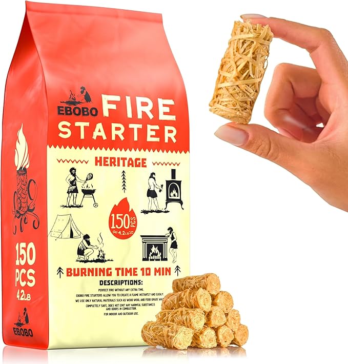 150 pcs Natural Fire Starters for Fireplace, Wood Stove, Charcoal Grill, BBQ, Fire Pit & Smoker – Wood Wool & Wax Rolls – Easy to Light, No Prep, No Mess