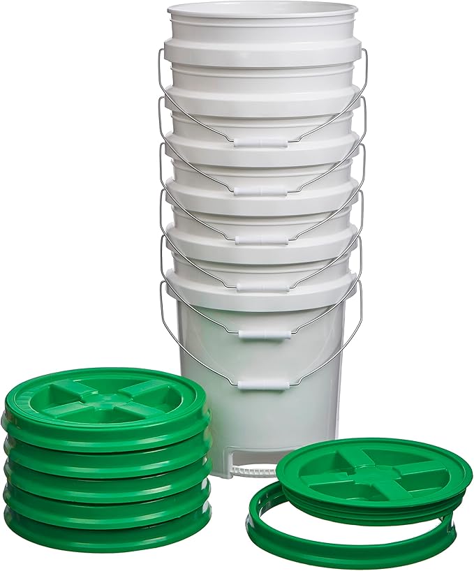 Consolidated Plastics 5 Gallon White Food Grade Buckets with Bottom Grip Handle & Gamma Seal Lids, BPA Free Container Storage, Durable HDPE Pails, Made in USA (6 Pack, Green Lids)