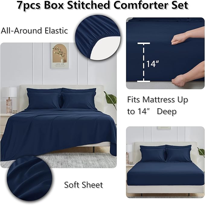 CozyLux King Size Comforter Set Navy Blue - 7 Pieces Bed in a Bag King, Okeo-Tex Certifited Bedding Set, All Season Soft Bed Set with Down Alternative Comforter, Sheets, Pillowcases & Pillow Shams