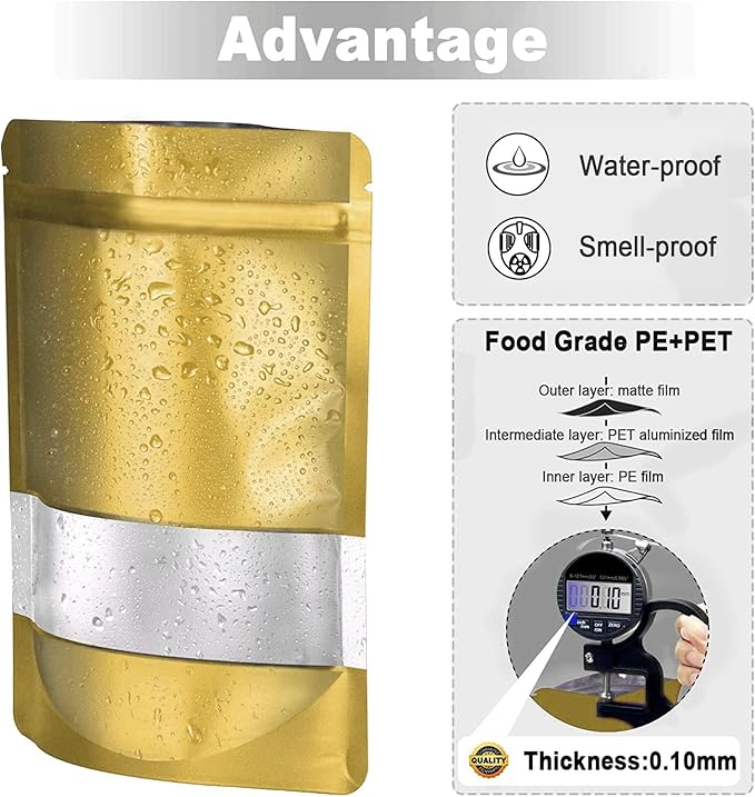 5.9"x8.6" 120pcs Mylar Bags for Food Storage,Smell Proof Bag with Matte Window Resealable Food Storage Bags for Small Business, Stand-up Foil Pouch Packaging Freeze Dried Candy Bag(Gold)