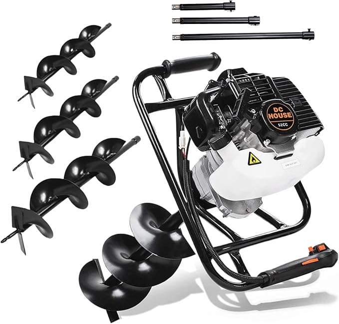 DC HOUSE 52cc 1800W Gas Powered Earth Auger EPA Certified Post Hole Digger, with 3 Drill Bits 4" 6" 8" and 3 Extension Rods 8" 12" 20", Mixing Ratio 30:1, for Fence, Farmland and Garden
