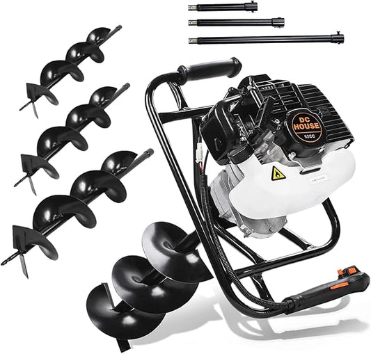 DC HOUSE 52cc 1800W Gas Powered Earth Auger EPA Certified Post Hole Digger, with 3 Drill Bits 4" 6" 8" and 3 Extension Rods 8" 12" 20", Mixing Ratio 30:1, for Fence, Farmland and Garden