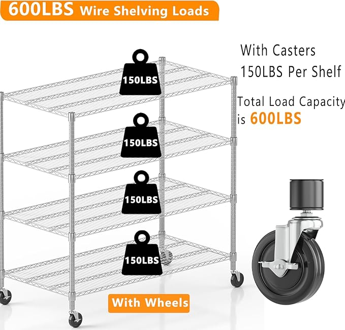 Himimi 4 Tier Wire Shelving with Wheels Heavy Duty Height Adjustable Metal Shelves for Storage, Commercial Grade Steel Utility Wire Rack for Kitchen Garage Pantry Organization-24×48×72, Silver