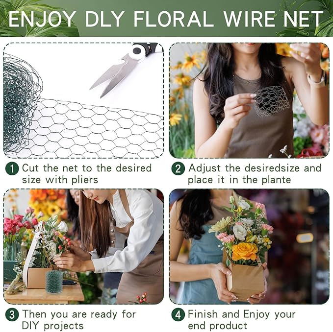 Chicken Wire for Floral Arrangements, 4 x 118 Inch Green Chicken Wire Mesh, Netting Hexagonal Iron Chicken Wires Fence, Galvanized Floral Wire for Crafts Wreaths Garden Poultry