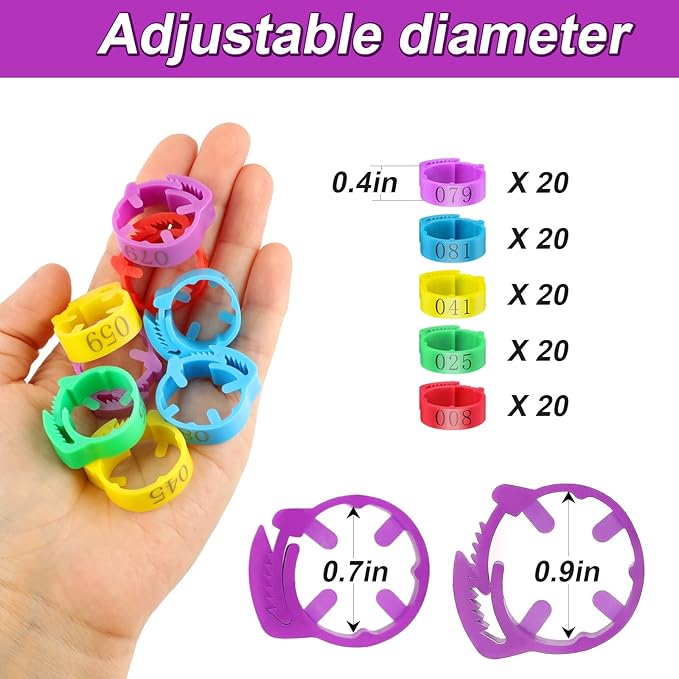 100 Pcs Adjustable Chicken Leg Rings, Multicolor Numbered Chicken Identification Leg Bands, Durable Poultry Leg Bands for Chickens Turkey Goose Ducks