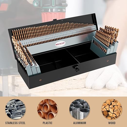Cobalt Drill Bit Set, 115Pcs M35 High Speed Steel Bits for Hardened Metals, Stainless Steel, Cast Iron and Wooden Plastics, with Metal Index Storage Box