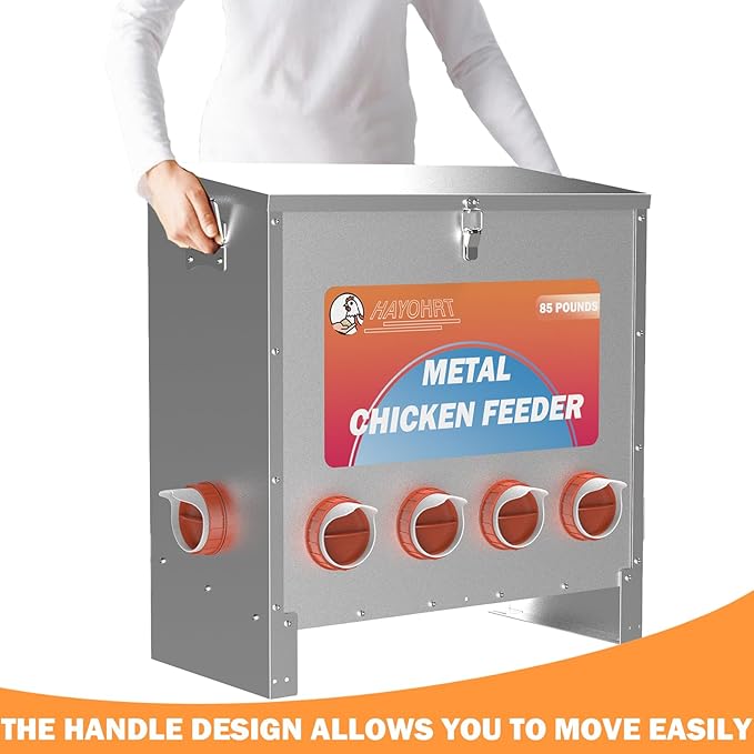 85 Pounds Automatic Chicken Feeder 6 Ports Large Gravity Fed Chicken Feeder with Latch & Handle for Chickens Bantams Pheasants Poultry Coop Weatherproof