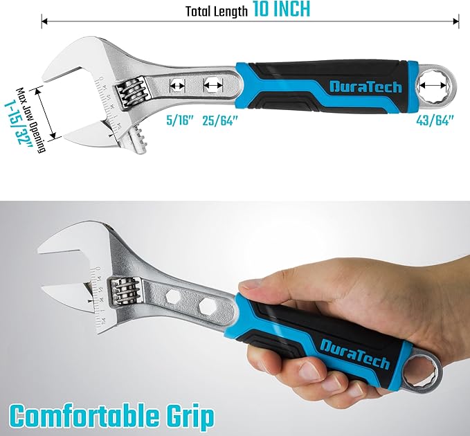DURATECH 10 Inch Adjustable Wrench, 3-in-1 Spanner with Box End/Hex Function, CR-V Steel, Metric & SAE Scales, Chrome-plated, Bi-material soft Grip