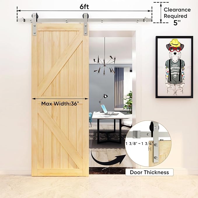 JUBEST 6 FT Brushed Nickel Sliding Barn Door Hardware Kit Smoothly and Quietly Hanger Roller Flat Track Kit, J Shape Roller Heavy Duty Nickle Barn Door Track,Easy to Install