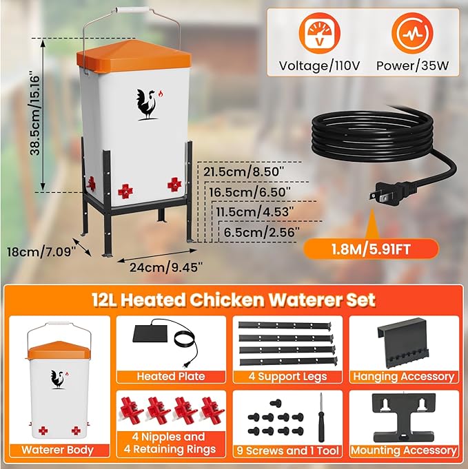 Heated Chicken Waterer for Winter, Poultry Water Heater with 4 Horizontal Nipples, Thermostatically Controlled, Adjustable Heights, Anti-Freezing Watering System for Coop (Orange, 12L)