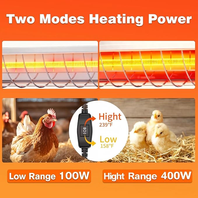 400W Chicken Coop Heater Lamp, Brooder Heat Lamp for Chickens, Adjustable Temp and Height, No Assembly Heater for Chicks Pets Livestock, 2 Pack