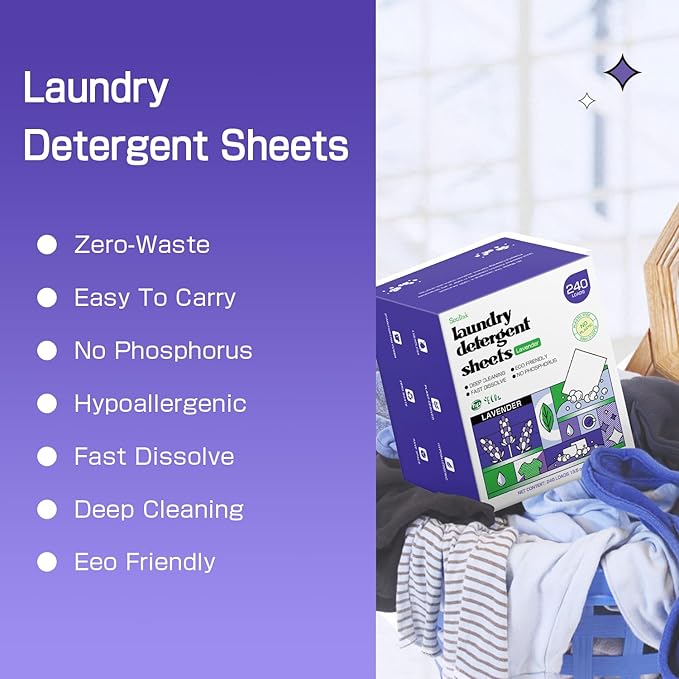 Soulink Lavender Laundry Detergent Sheets, 240 Loads - Eco-Friendly, Plant-Based, Hypoallergenic, No Plastic Jug