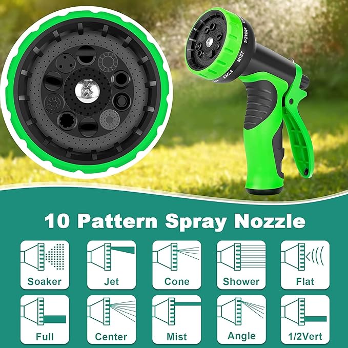 150 ft Garden Hose - 2025 New Flexible Garden Hose with 10-Function Spray Gun, Pure Brass 3/4" Fittings - Lightweight, Durable, and Kink-Free, 150ft Water Hoses for Gardening(Green Black)