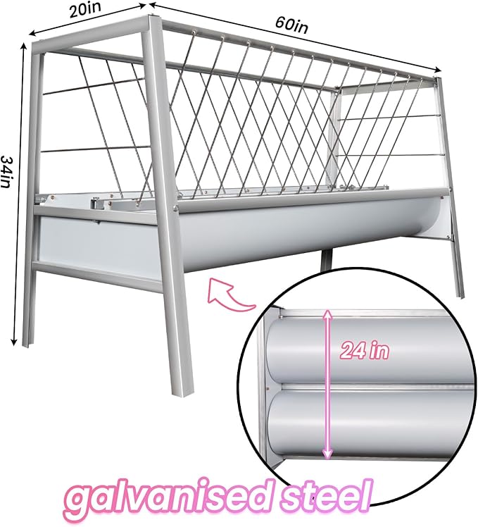 92 Gallon Goat Hay Feeder, 33.4" Height 60" Length Goat Feeder, Hay Rack Galvanized Steel Hay and Grain in One, Ease of Assembly, Hand-Powered Feeding Station for Goats, Sheep, Horses, Silver