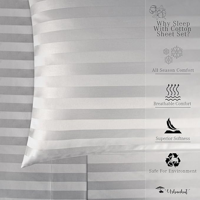 URBANHUT 1000 Thread Count Egyptian Cotton Sheets Damask Striped Full Size, Breathable Long Staple, 4 Pc Bed Sheet Sets, Luxury Hotel Sateen Finish Sheets Fits 16" Deep Pocket - Silver Grey