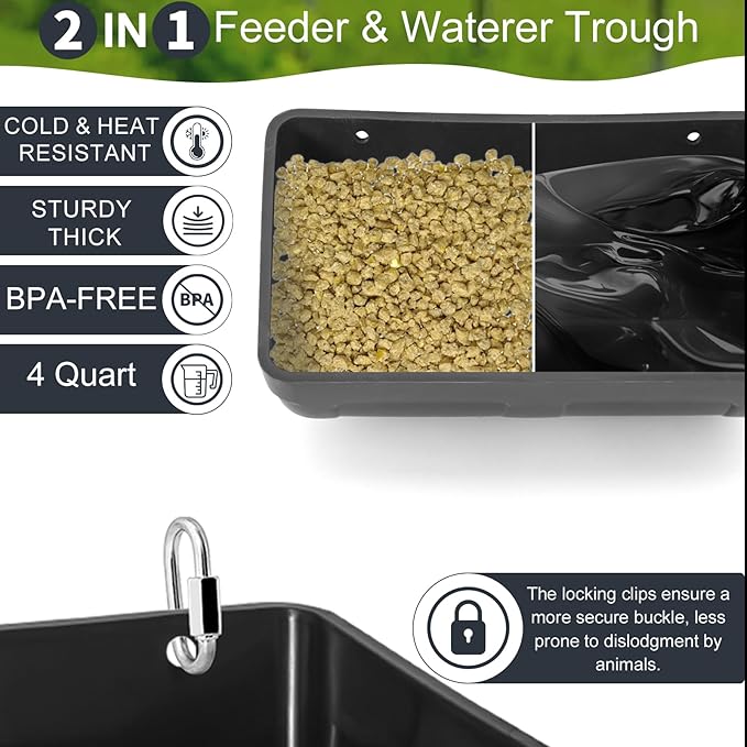 Chicken Goat Hanging Feeder Waterer Trough 4 Quart, Poultry Fence Coop Accessories, Feed & Water Feeding Container for Chicken, Poultry, Duck, Livestock (3pack)
