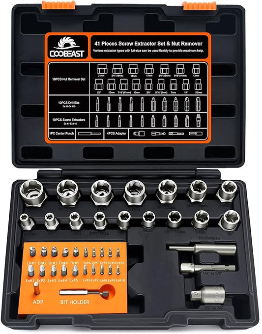 41Pcs Bolt Extractor Kit and Small Screw Extractor Set, Ez Out Bolt Extractor Tool with 5Pcs Compatible Adapter for Stripped Screw, Broken Nut and Damaged Bolt Remove