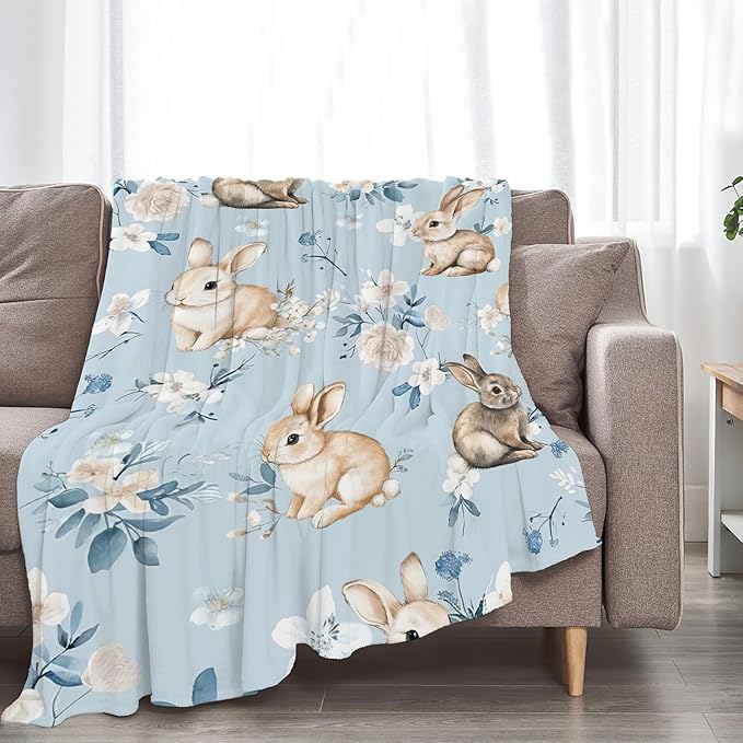 Rabbit Blanket Blue Rabbits Flower Throw Blanket Soft Warm Cozy Fuzzy Plush Gifts for Girls Women Lightweight Fleece Flannel Stuff Gift for Kids Adults 60"X50"