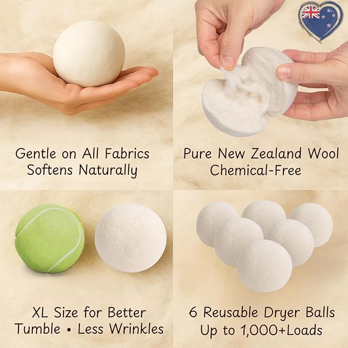 WoollyPals Dryer Balls (6-Pack, XL Size) - 100% New Zealand Wool - No More Dryer Sheets - Eco Dryer Balls - Reusable - Softens Laundry - Reduces Drying Time & Static - with Storage Bag (Plain White)