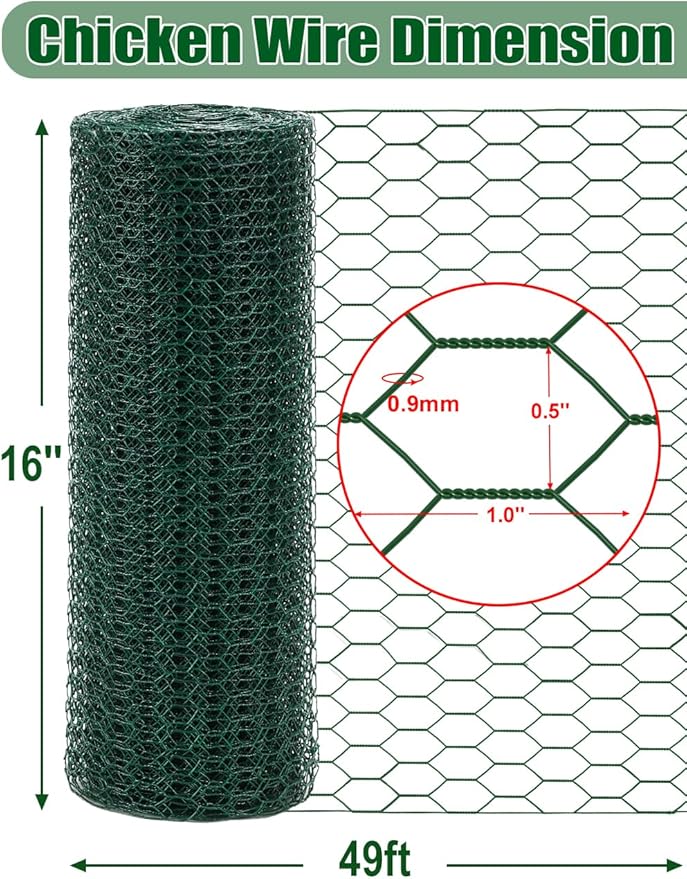 TOYPOPOR Chicken Wire, 16''x 600''/49ft Mesh Roll for Floral Arrangements, Anti-Rust PVC Coated Garden Netting, Rabbit Animal Fence with Cutting Plier, Gloves and Ties for DYI Crafts, Poultry, Garden