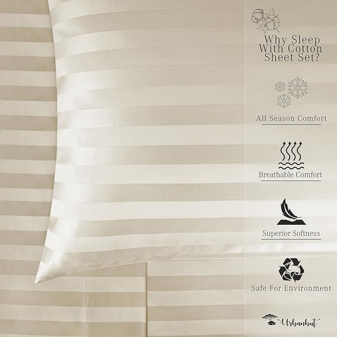 URBANHUT 1000 Thread Count Egyptian Cotton Damask Striped Full Sheets, Long Staple Soft & Breathable, 4 Pc Bed Sheet Sets, Luxury Hotel Sateen Sheets Fits 16" Deep Pocket - Ivory