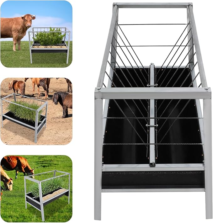 2-in-1 Livestock Feed Trough, Large Capacity Dual-Sided Feeder Galvanized Livestock Rack with Hay & Grain Trough for Sheep Calf Cow Horse