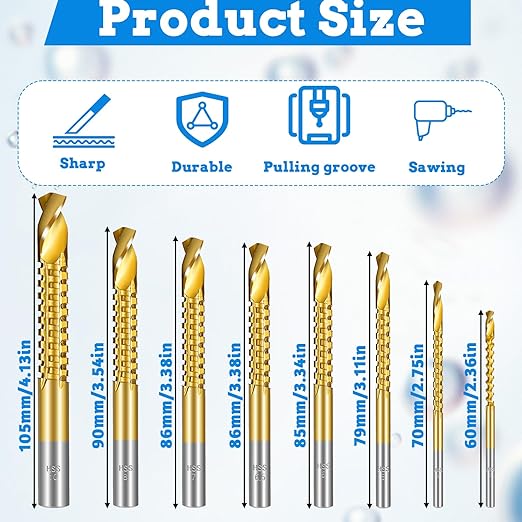 8 Pack Titanium Coated HSS Twist Drill Bits 3-10mm Hex Shank Serrated Cutting Drill Bit Serrated Side Cutting Drills Bit for Metal Wood Plastic Drilling and Cuttings
